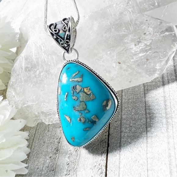 PERSIAN Turquoise Chunky Asymmetrical Gemstone Pendant Necklace Silver 925 New - Picture 6 of 11